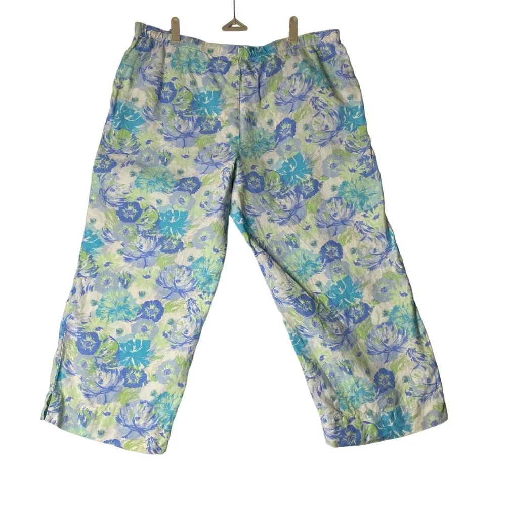 J. Jill Women 100%‎ Linen Green Blue Floral Cropped Pockets Pants Sz Large
